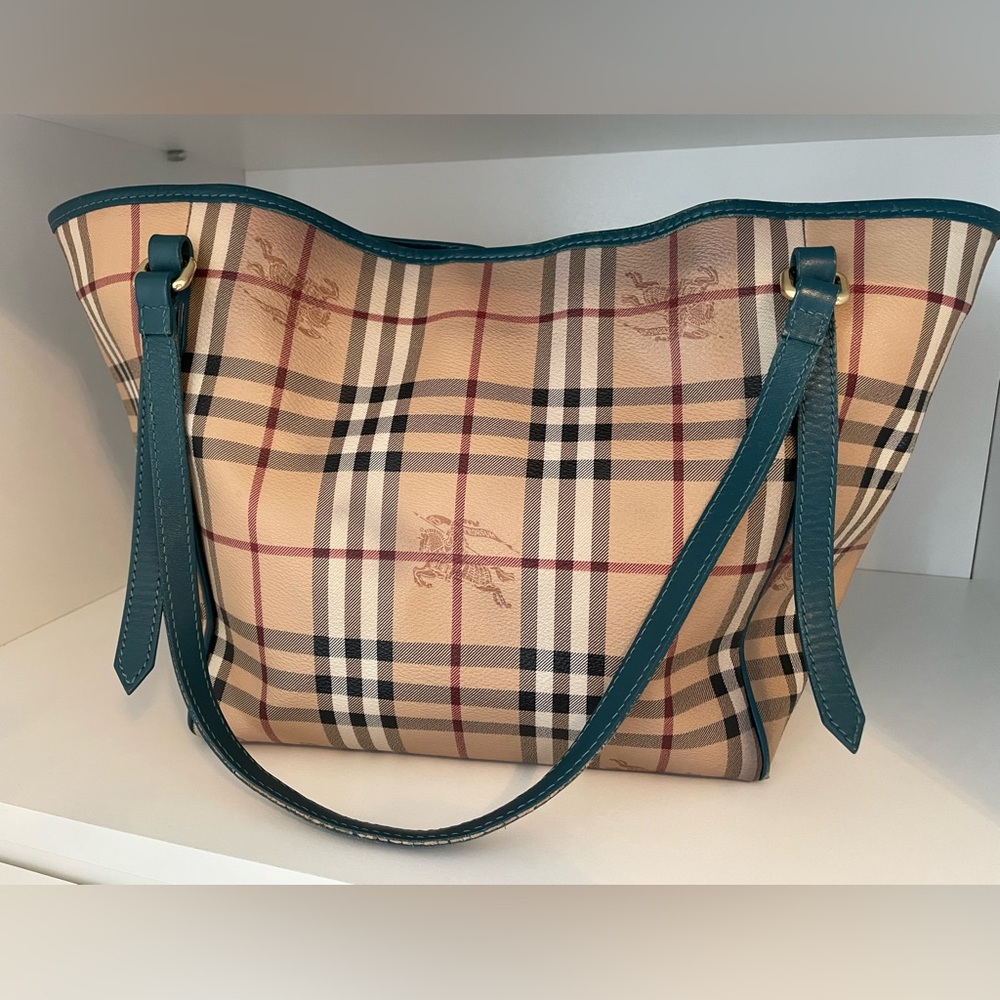 Burberry Beige Nova Check Tote with Teal Trim
